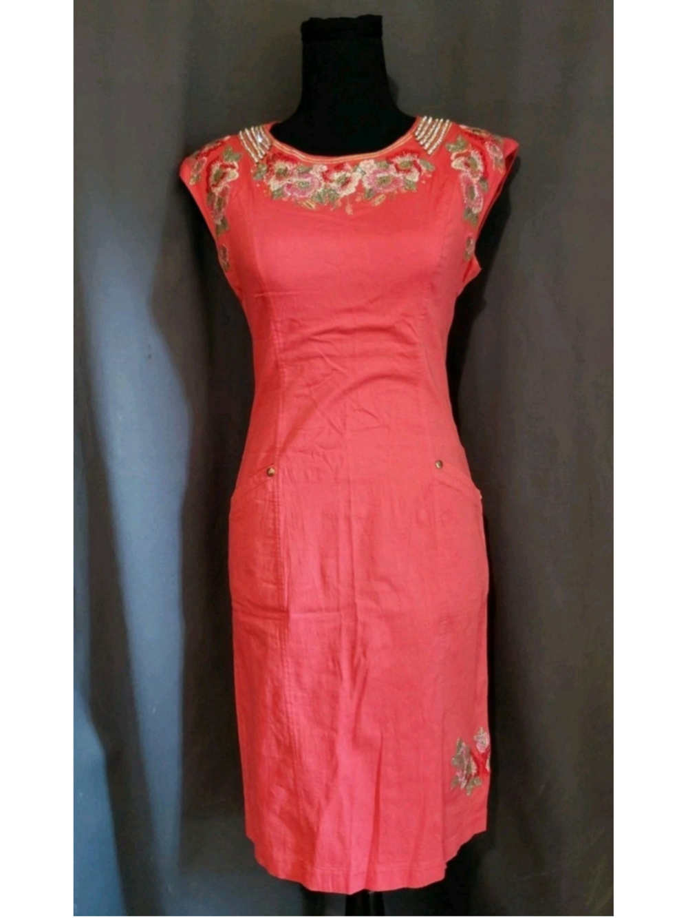 De' Lizza Exculsive Coral Embroidered Rhinestone Floral Dress Size Eu 42 US Med